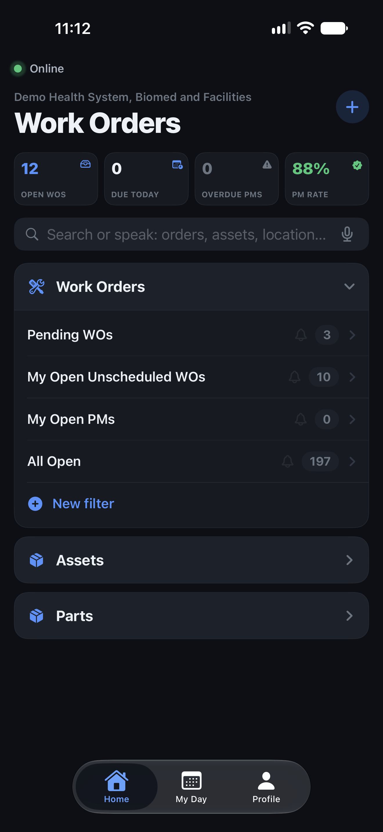 HarpethIQ mobile app showing online status, work order counts, notification controls, and access to assets and parts.
